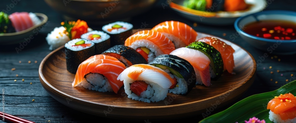 Poster sushi platter with various rolls and sashimi on wooden plate with dark background and empty space fo