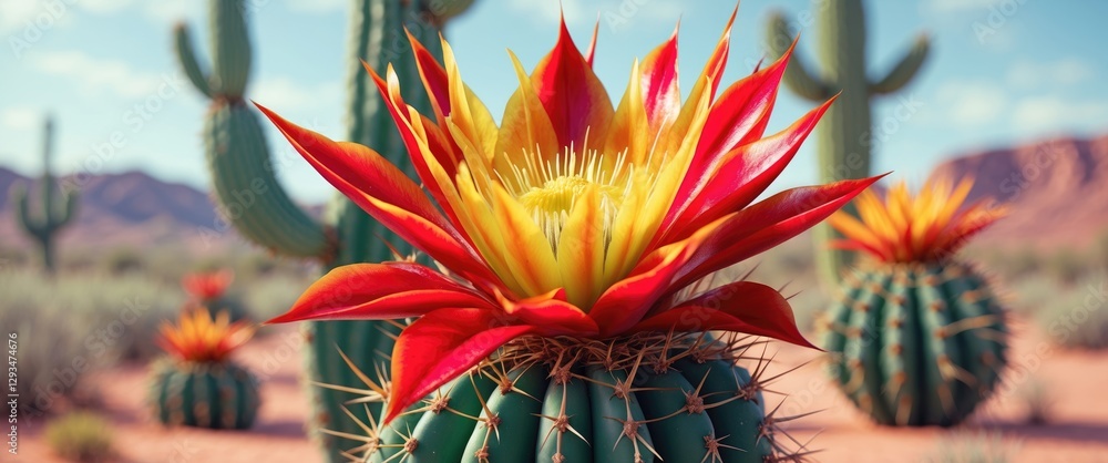 Poster vibrant red and yellow cactus flower in natural desert setting with blurred background and ample spa