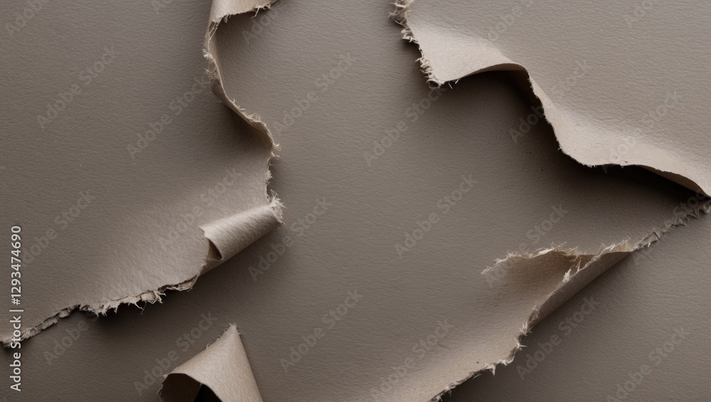 Poster taupe gray fiber paper texture with torn edges on a white background for creative design and artisti