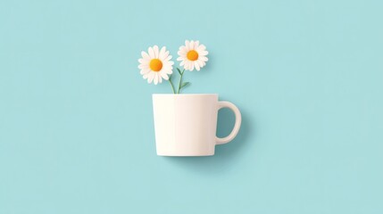 White cup with two cheerful daisies against a light blue background creates a refreshing atmosphere for springtime enjoyment