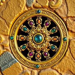 Ancient golden wheel with intricate carvings of gemstones, precious stone, ornate