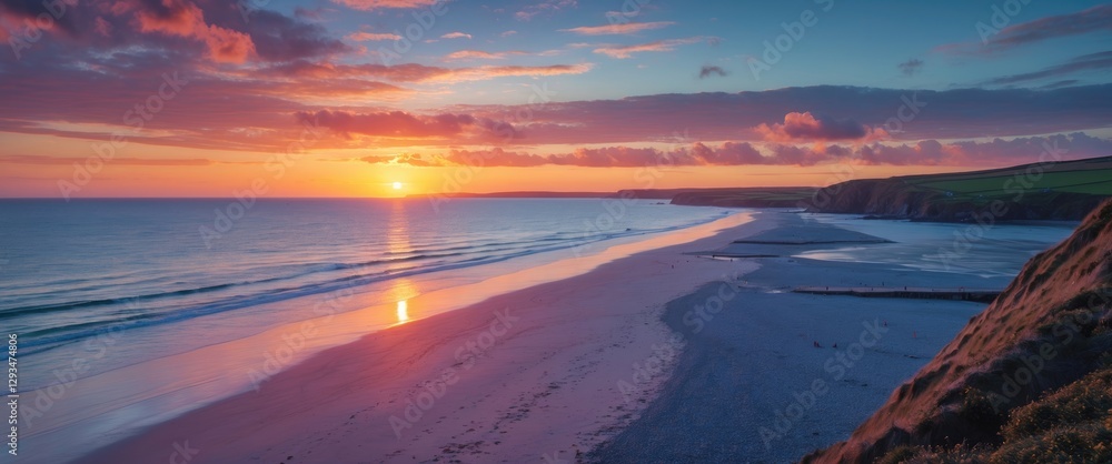 Poster porth nanven beach sunset scenic view with tranquil waters and copy space for text inserton