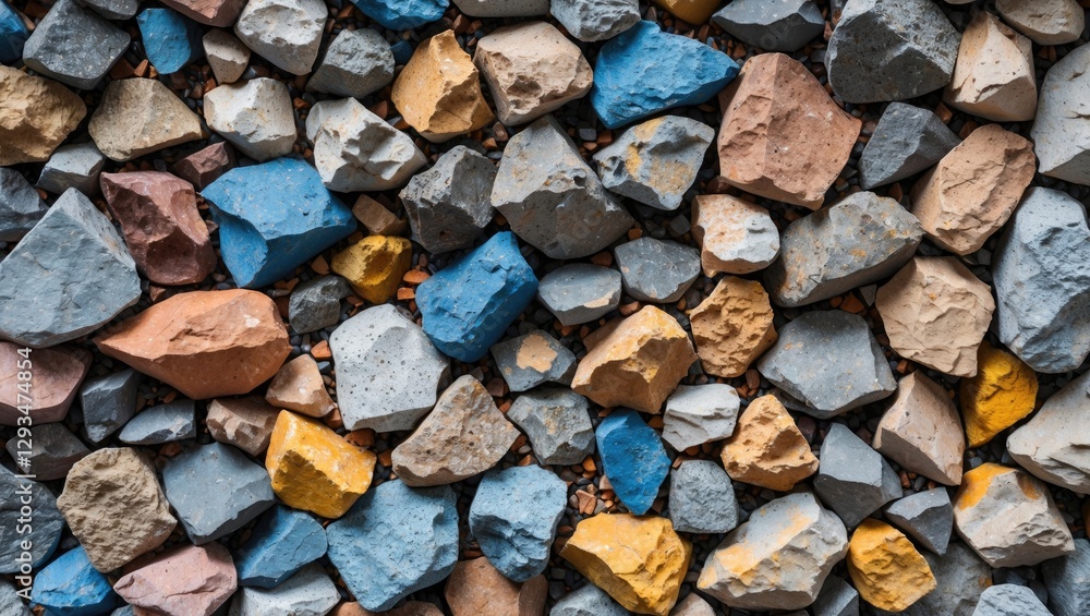 Poster colorful textured background of assorted crushed stones in various shapes and hues for design and de
