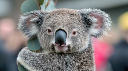 Naklejka premium Close-up koala holding eucalyptus branch, zoo, visitors, nature, wildlife