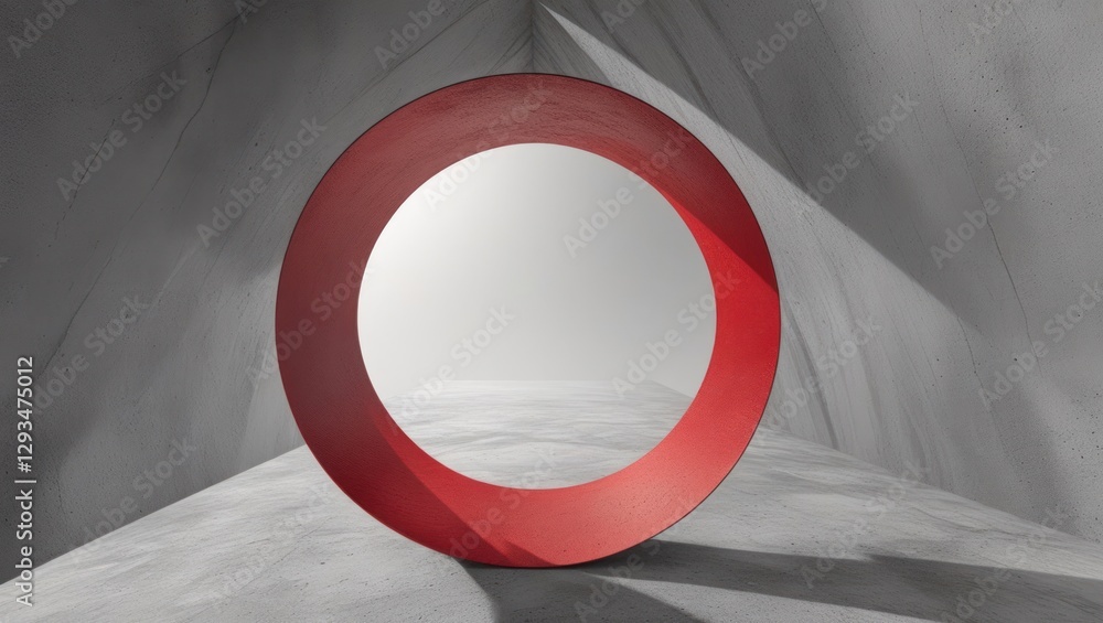 Poster red circular frame in minimalist grey interior creating a contemporary visual effect with soft shado