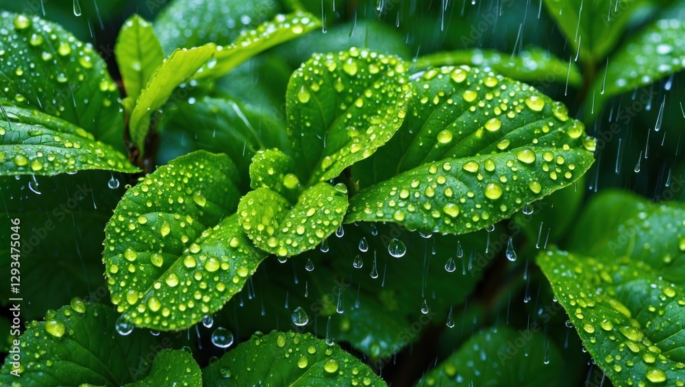 Poster macro shot of vibrant green leaves adorned with glistening raindrops creating a refreshing and textu