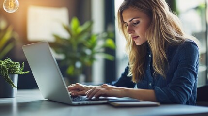 Fototapeta premium Focused Woman Working on Laptop in Cozy Cafe