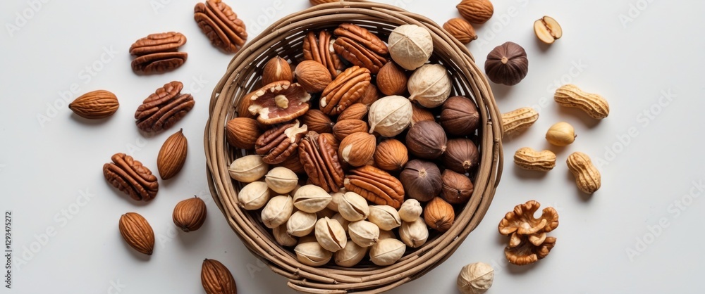 Poster assorted nuts in a woven basket on a white background with space for text featuring pecans almonds h