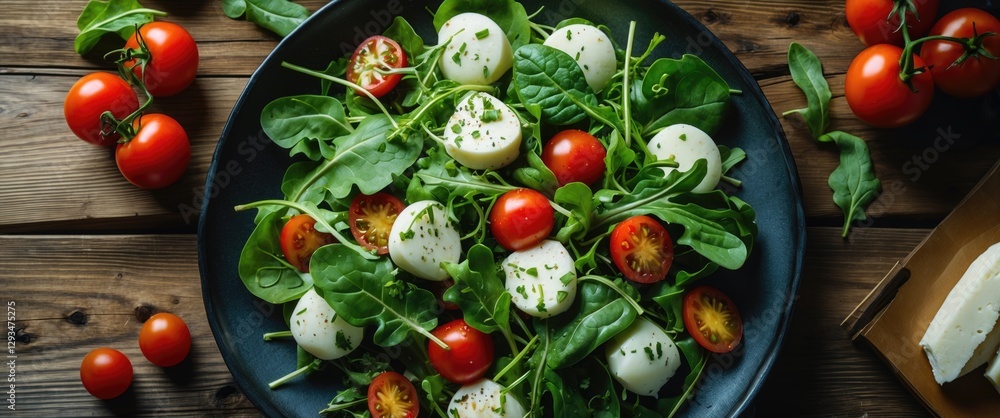 Poster fresh arugula spinach salad with mozzarella cheese and cherry tomatoes on rustic wooden table presen