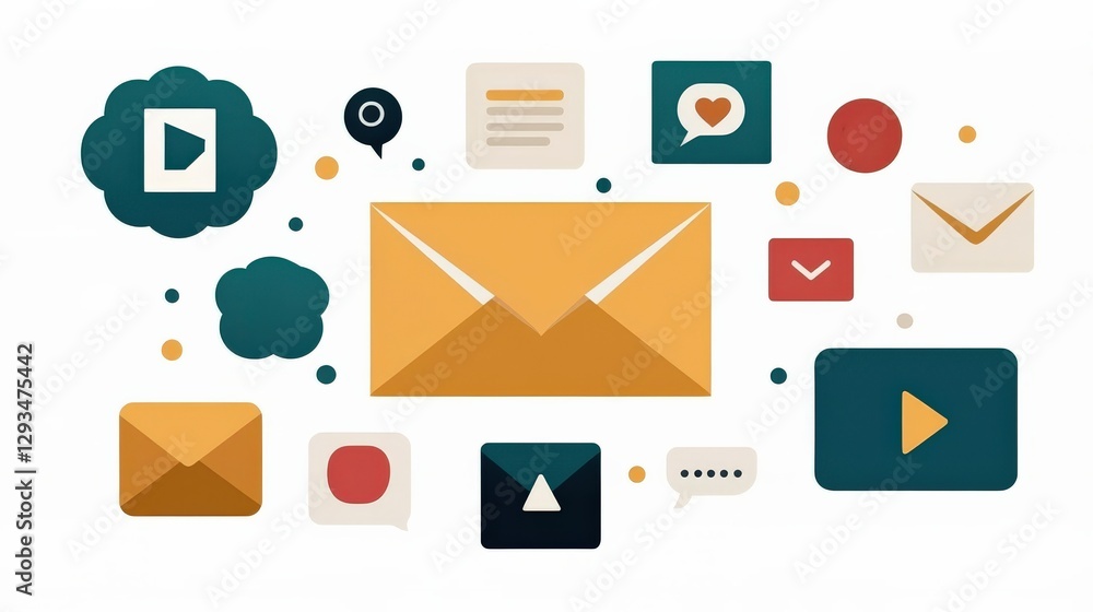 Aufkleber marketing automation lead performance concept. email communication concept with various icons and gr