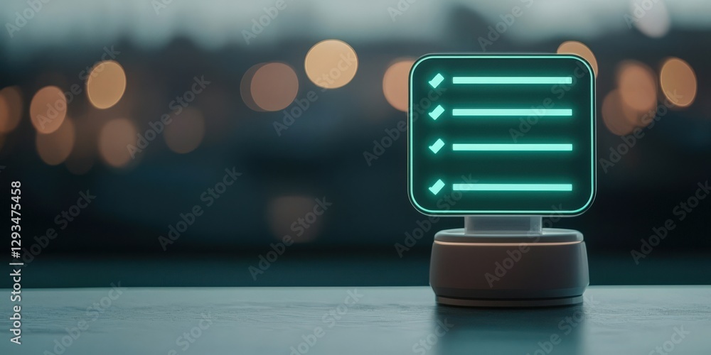 Poster marketing automation lead performance concept. futuristic checkmark display on a desk with blurred l