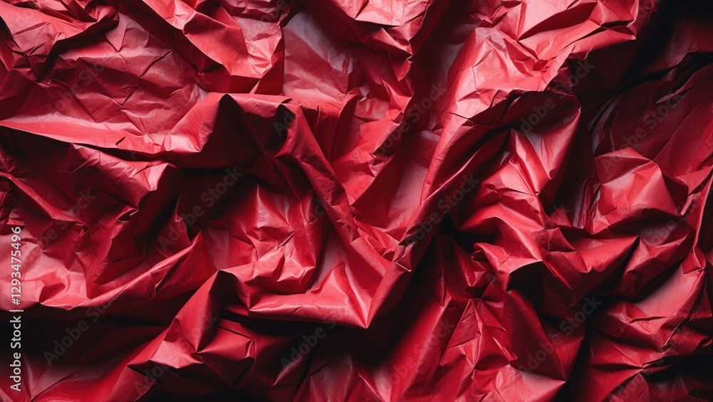 Poster crumpled red paper texture close-up for creative backgrounds and design applications