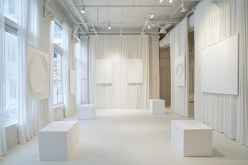 Bridal shop with elegant white walls and blank canvases for inspiration.