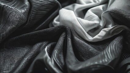 Obraz premium Elegant black and white textile fabric with intricate textures and soft draping, ideal for fashion and interior design concepts.