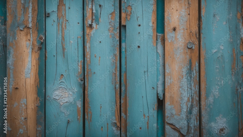 Poster peeling blue paint on weathered wooden boards creating a rustic and textured background for design p