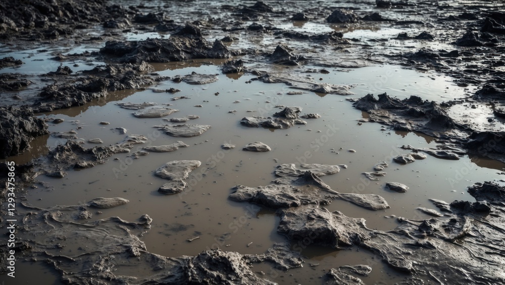 Poster mud and water puddle textures on a rugged terrain creating an abstract natural background for artist