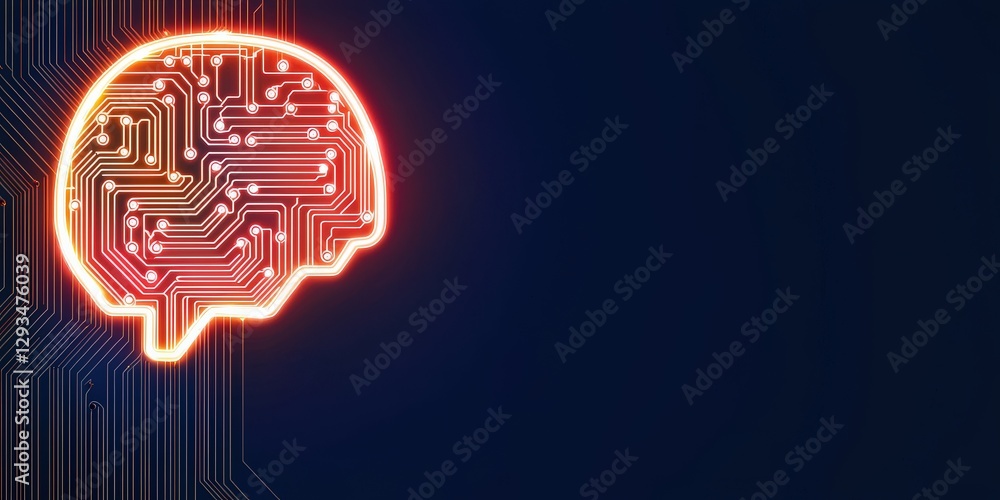 Poster marketing automation lead performance concept. neon brain circuit design on a dark background.