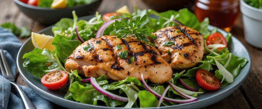 Poster grilled chicken breast with fresh salad and vegetables on plate with empty space for text overlay