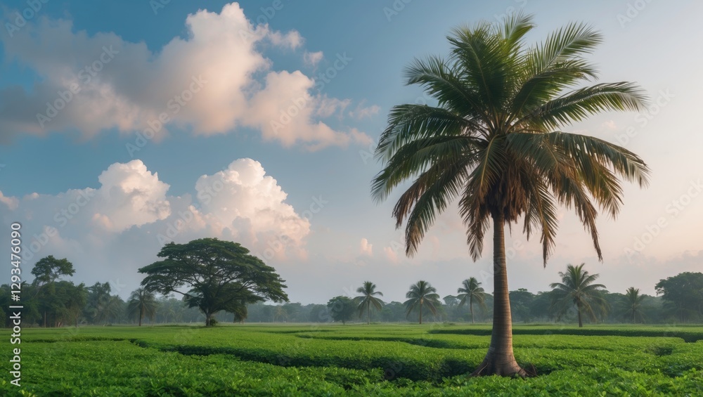 Aufkleber serene landscape with a tamarind tree and palm trees under a beautiful sky with thin clouds and lush