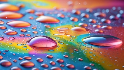 Colorful water droplets on a vibrant rainbow surface creating an abstract summer background showcasing vivid reflections and unique patterns.