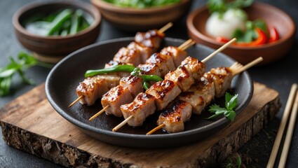 Grilled Pork Satay Skewers Garnished with Green Chili on Wooden Serving Board with Fresh Ingredients in Background