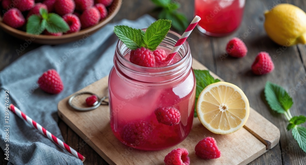 Poster refreshing raspberry lemonade in a jar with mint and straw on wooden board surrounded by raspberries