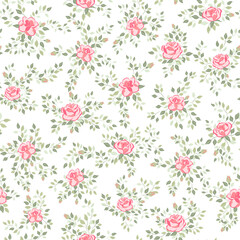 Vector illustration. Seamless pattern of delicate pink roses on a white background, blooming flowers. Cottagecore pattern. Printing on textiles, for packaging, fabric design, sublimation printing