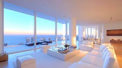 Elegant High-Rise Living Room, modern luxury design, expansive city views, sophisticated decor, plush furnishings, refined details, inviting atmosphere for upscale urban living