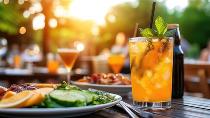 Bright yellow cocktail garnished with mint sits next to a fresh salad in a stylish restaurant, featuring soft daylight and pastel tones