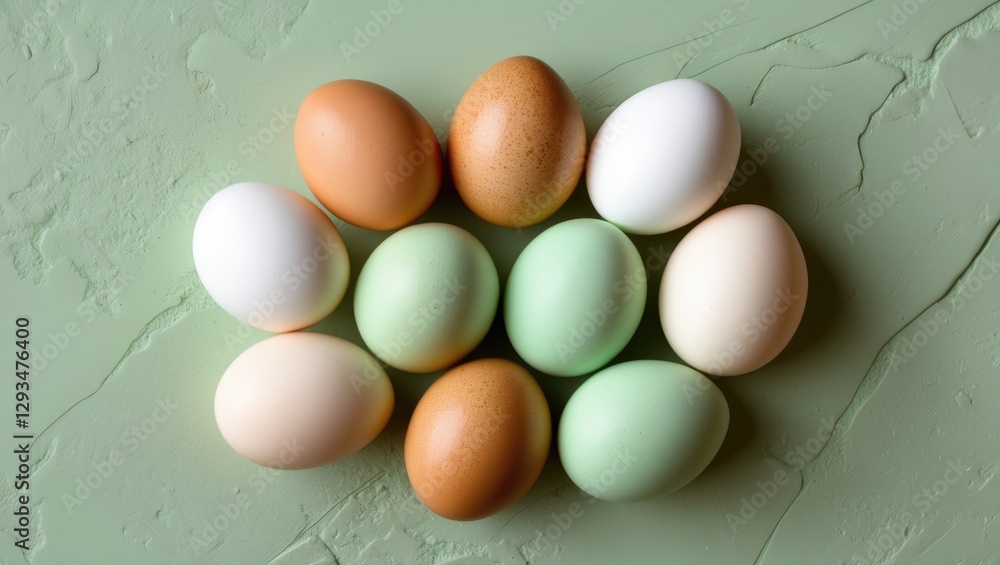 Poster quail eggs arranged on a light green background with empty space for text ideal for recipe design an