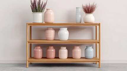 Pastel Vases and Flowers on Wooden Shelf