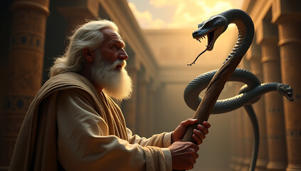 Moses holding his staff as God turns it into a serpent before his eyes