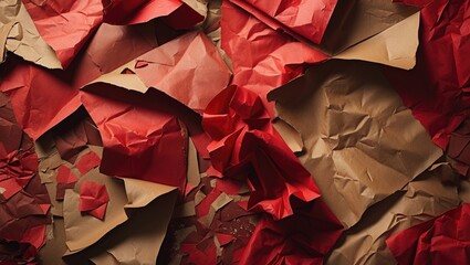 Textured background of crumpled recycled craft paper in rich sepia brown and deep red tones creating a dynamic, layered visual effect.