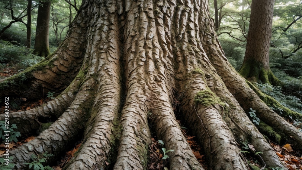 Aufkleber detailed view of tree roots showcasing unique texture and natural elements in a forest setting.