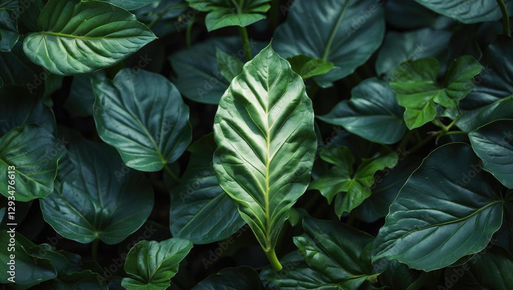 Poster ravenala leaf surrounded by lush greenery highlighting unique patterns and textures of tropical foli