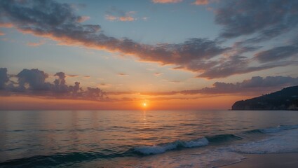 Obraz premium Tranquil Sunset Over Serene Sea Waves Ideal for Relaxation Themes and Text Placement