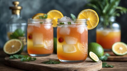 Fototapeta premium Vibrant Tequila Sunrise Cocktails Served In Glass Jars With Citrus Garnish And Tropical Decor On Wooden Table