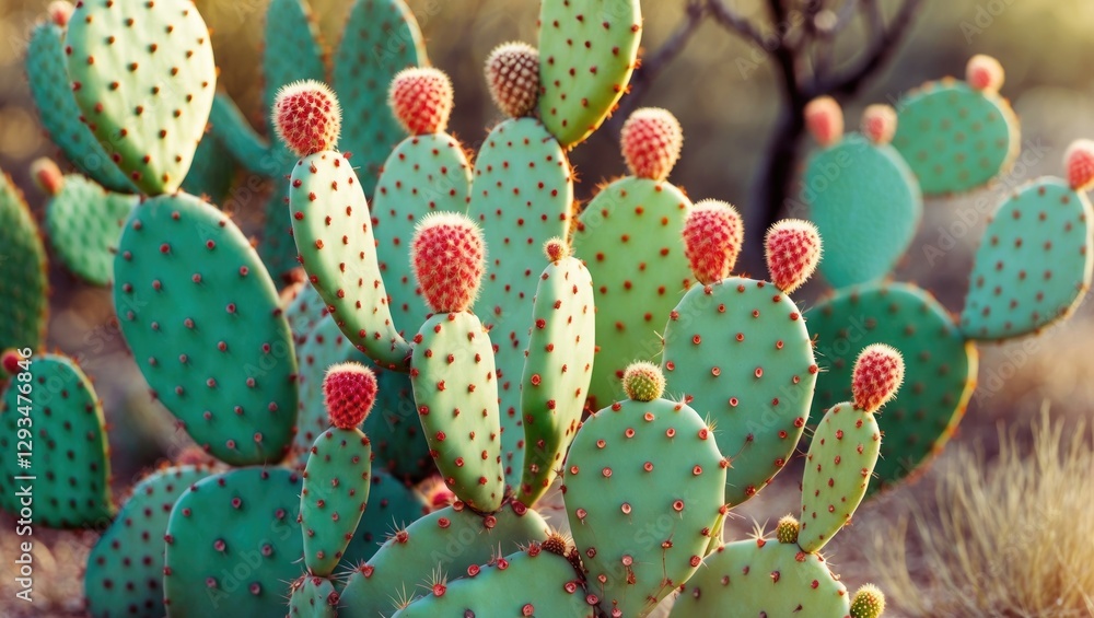 Poster vibrant prickly pear cactus cluster with colorful fruits on desert background nature scene ideal for