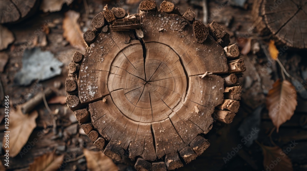 Poster wooden log stump texture with natural patterns and autumn leaves ideal for rustic backgrounds or nat