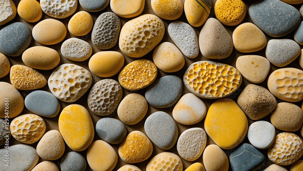 Poster mosaic texture of varied yellow and gray pebbles arranged harmoniously showcasing natural stone patt