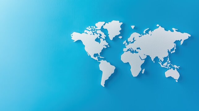 Fototapeta A minimalist white world map on a vibrant blue background, symbolizing global connectivity and exploration.cargo management warehouse scheduling