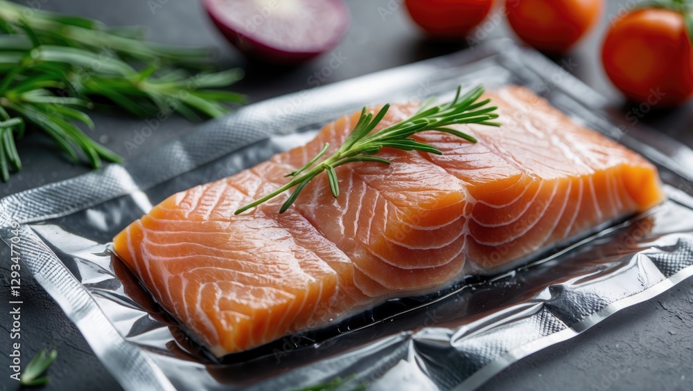Poster fresh salmon steak packaged on a table with rosemary garnish and empty space for text or branding us