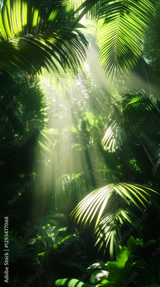 Poster sunlight filtering through lush green tropical jungle with palm leaves, creating a tranquil atmosphe