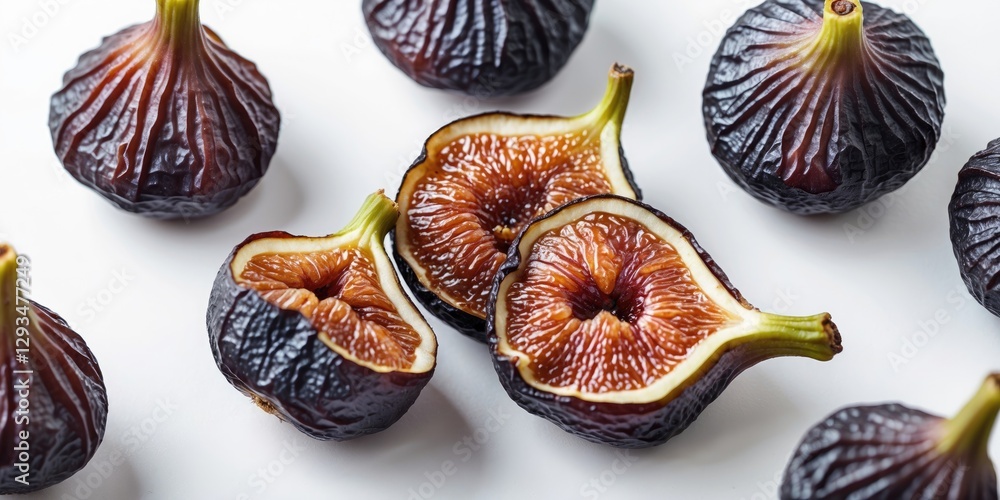 Poster dried fig fruits on white background with empty space for text and design elements