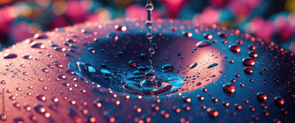 Poster vibrant close-up of water droplets on a textured surface with colorful bokeh background creating a v