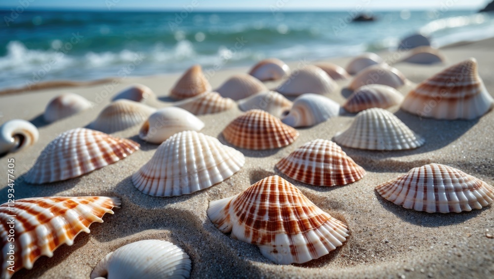 Poster beautiful seashells scattered on sandy beach with soft waves in background creating a serene coastal
