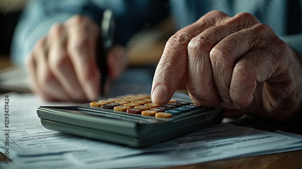 Poster close-up of hands using calculator on financial documents showcasing meticulous calculations and det