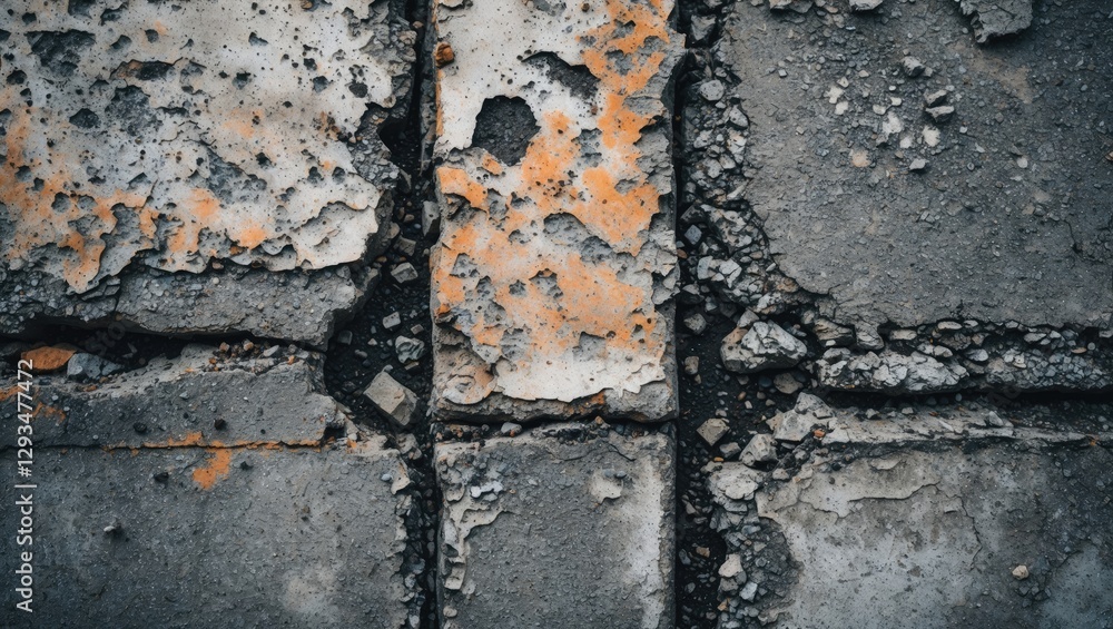 Poster weathered concrete pavement texture with visible cracks and orange rust details showcasing a rugged 