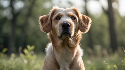 Golden Retriever Portrait in Natural Setting with Soft Focus on Background and Warm Evening Light