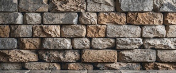 Natural textured stone wall background suitable for rustic design and architectural projects featuring various shades of gray and beige stones.